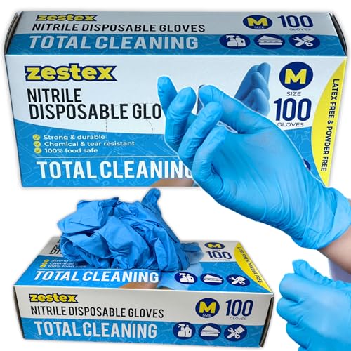 Zestex Nitrile Total Cleaning, Latex-free & Powder-free, Non-Sterile Food Safe Cleaning Disposable Glove, Blue, Medium, Case/100