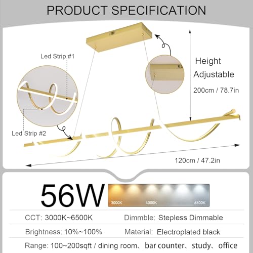 Zeistry Modern LED Pendant Light Spiral Adjustable Hanging Lamp Gold 47.2 Inch DIY Kitchen Island Lighting 3-Color LED Dining Room Light Fixture with Soft Silicone Lamp Strip by Zeistry - Image 5