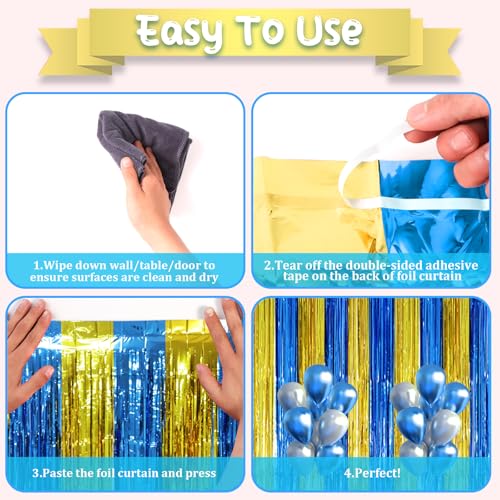 Image of Voircoloria 2 Pack Blue Gold Foil Fringe Backdrop Curtains, Graduation Tinsel Streamers Party Decorations, Fringe Backdrop, Door Shimmer for Birthday Party
