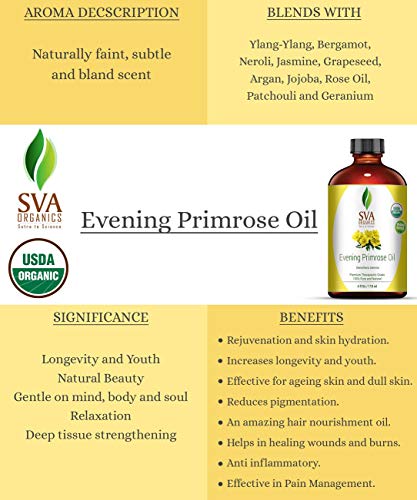 Sva Organics Evening Primrose Oil 4 Oz(118 Ml) 100% Pure Therapeutic Grade For Wrinkle-Free Skin, Face And Hair And Rejuvenate #TOP2