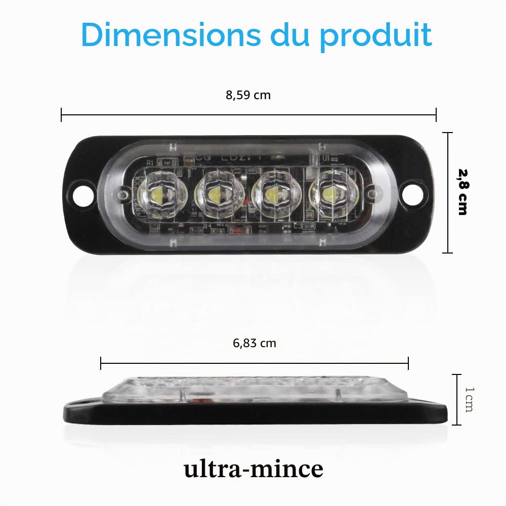 4pcs 12-24V Ultra Mince Voyant Barre D'alarme Stroboscopique d'urgence Lampe- 4 LEDS Bande lumineuse D'avertissement de Flash Camion Moto Voiture - Blanc