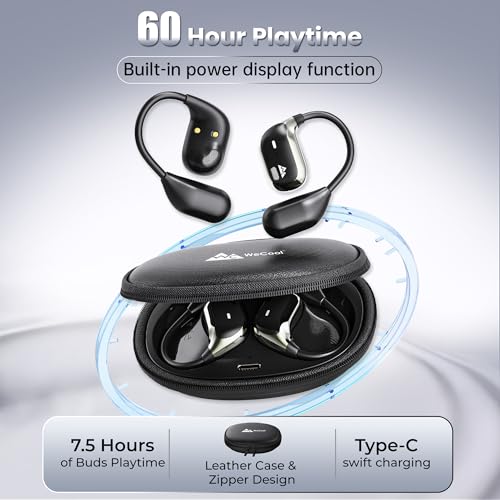 Image of WeCool Moonwalk M2 Pro Open Ear Earbuds Wireless with Ergonomic Ear Hooks, Bluetooth 5.4 Ows Earphones with Call Noise Reduction, Ear Safe Headphones with Mic, 60H Playtime, Leather Zip Case, IP55