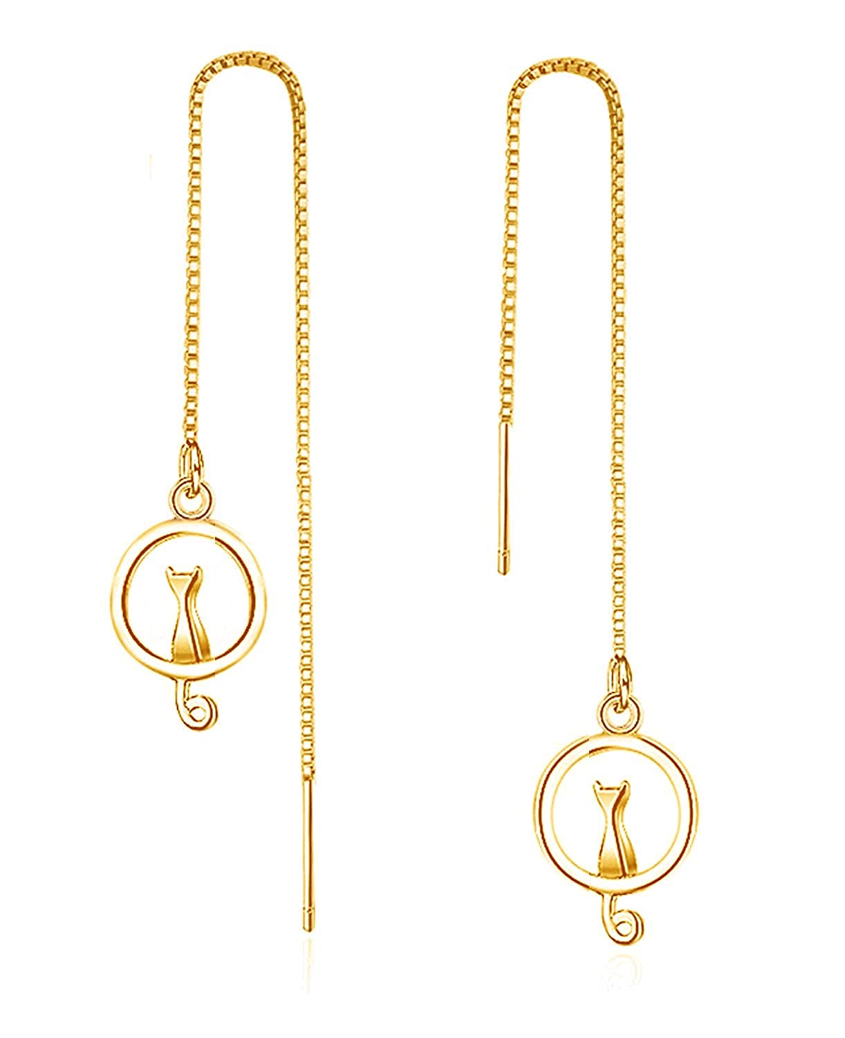 White Gold Plated Long Tassel Chain Sweet Cat on Moon Dangle Drop Threader Earrings for Women Girls - Gold