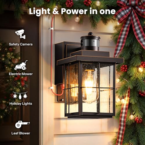 Image of Gleamz Motion Sensor Front Porch Light with Outlet, Oil Rubbed Bronze Outdoor Light with GFCI Outlet, Exterior Sconce Light with Adjust Sensitivity, Garage Lights Wall Lantern for Coach, Balcony, Home