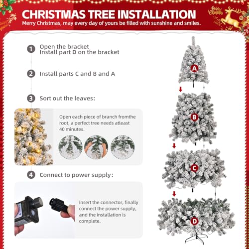 Outopee 8ft Snow Flocked Artificial Christmas Tree with 200LED Lights, Remote Control, 8 Lighting Modes, 1200 Branch Tips PVC Xmas Tree Indoor Christmas Holiday Decoration for Home, Office, Shop - Image 4