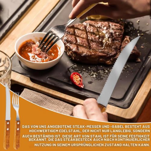 Foto von 30 Stück Steakbesteck Set, Stahl Besteckset mit 15 Steakmesser und 15 Steakgabel, Steakbesteck für 15 Personen, Steakmesser, Nicht Spülmaschinenfest (Braun)