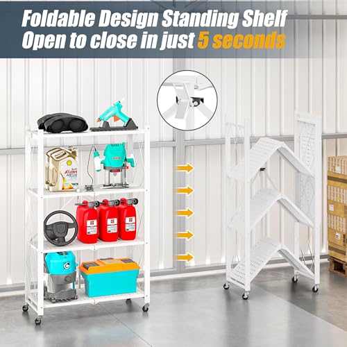 Image of 4-Tier Folding Metal Storage Rack - 50 inch Heavy-Duty Steel Frame with Wheels, No Assembly Utility Organizer, Rolling Shelving Unit for Kitchen, Garage, Pantry, Bedroom (White, 4 Tier)