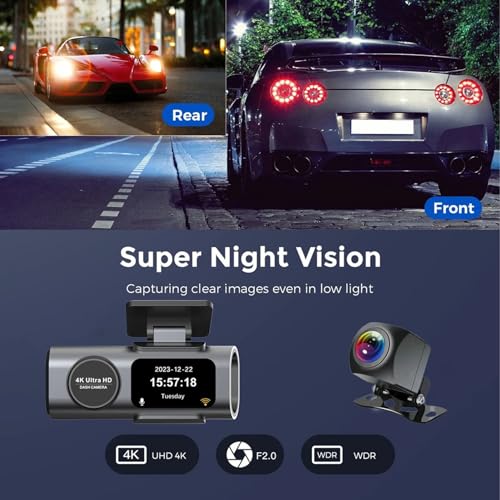 Dash Cam, 4K e 1080P Dash Cam Frontal e Traseira, Câmera de Carro WiFi, Gravador de Câmera de Painel