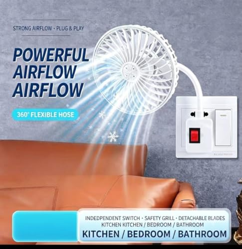 Image of Mini Compact 5 inch Inch Electric Plug-in Fan - with 360* Flexible Hose Pipe, On /Off Switch, White, with Universal Travel Adapter