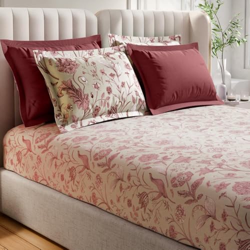 Image of Wakefit Premium 100% Cotton 300 TC Flat Bedsheet with 4 Pillow Covers | King Size (104 x 104 inch) | Caroline