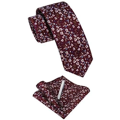 Image of YourTies Cotton Floral Tie for Men 2.5 inch Printed Skinny Necktie Pocket Square Tie Clip Set Flower Wedding Party Groom
