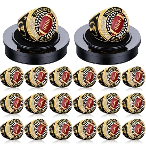 Highergo 20 Pcs Baseball Softball Basketball Football Champion Rings with Display Neck Chain and Stand Volleyball Soccer Cheer Trophy Rings Bulk for Tournament Award Gift(Colorful,Football)