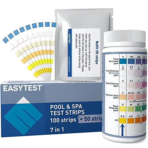 EASYTEST Hot Tub Test Stripsï¼Œ150 Strips 7 in 1 Water Chemical Tester for SPA and Swimming Pool, Accurate for Bromine,Free Chlorine,Total Alkalinity,pH,Total Hardness,Cyanuric Acid and Total Chlorine