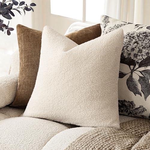 Image of Foindtower Pack of 2, Curly Faux Fur Decorative Throw Pillow Covers Soft Fuzzy Plush Cushion Case with Zipper Cozy Pillowcase for Home Living Room Couch Bed Sofa 20 x 20 Inch,Light Ivory