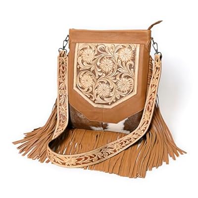 Merbaa Berlin hand-carved Fringed Shoulder Bag Natural Cowhide Hand Bag with Floral Hand Tooling