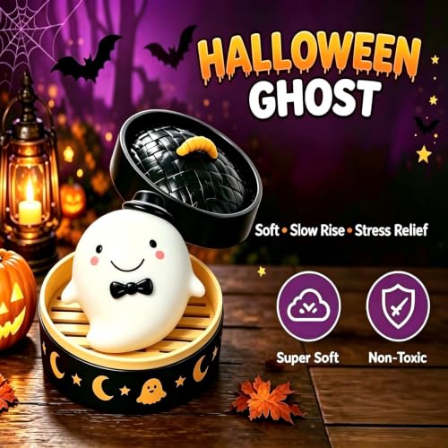 Bidobibo Halloween Spooky Glitter Dumpling Squishies Toys, Dumplings Stress Balls for Adults Fidget Toy with Steamer, Cute Halloween Decor Ghost Bao Bun Squishes for Anxiety Relief (Ghost) - Image 2