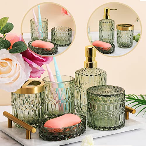 Bathroom Accessories Set,5Pcs Glass Bathroom Accessories Set, Lotion Dispenser, Soap Dish, Toothbrush Holder, Tumbler, Modern Bathroom Decor, Gift for Home Apartment (Green) - Thumbnail 6