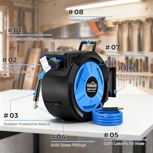 Retractable Air Hose Reel, 3/8" x 100 Ft Hybrid Hose Air Compressor Hose Reel with 6.5 Ft Lead-in Max 300 PSI, Air Hose with Any Length Lock, Automatic Rewind, 180° Swivel Bracket, Quick Coupler by Himimi - Image 4