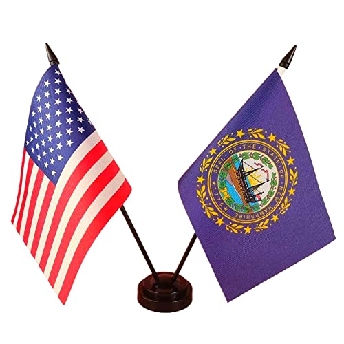America & New Hampshire Twin Desk Flag, US New Hampshire Table Flags, 8 x 5 Inches New Hampshire Deluxe Desk Flag Set - Miniature USA & New Hampshire Stick Flag with Flag Stand