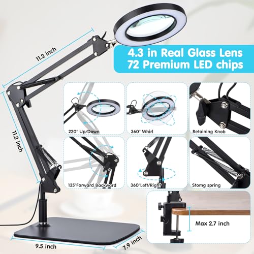 Loupe d'ordinateur LED à pince avec lentille 5 dioptries et éclairage à gradation continue