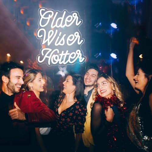 Image of White Older Wiser Hotter Neon Sign Happy Birthday Funny Neon Light for Men Women Birthday Party Decorations Backdrop Lights Sign Birthday Gift