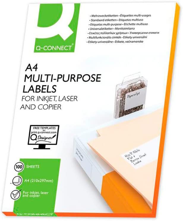 Q-Connect 210 x 297 mm A4 Multi-Purpose Labels (Pack of 100 Sheets)