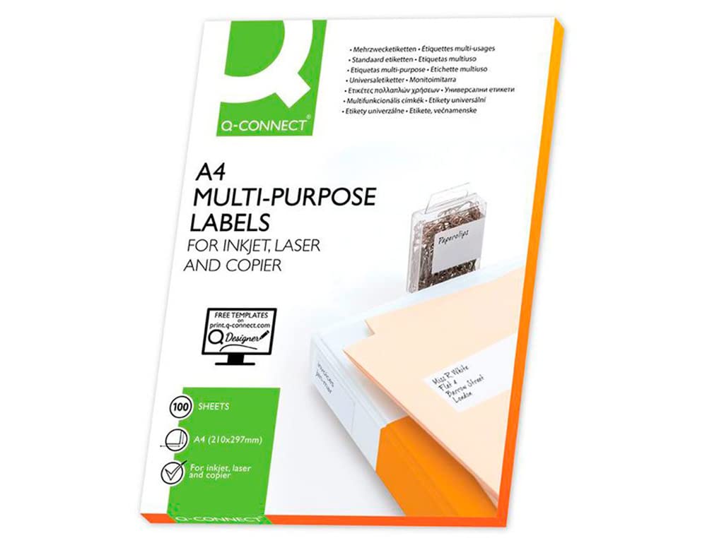 ETIQUETA ADHESIVA Q-CONNECT KF10660 TAMAÃ?O 105X148,5 MM FOTOCOPIADORA LASER INK-JET CAJA CON 100 HOJAS DIN A4 10 Unidades