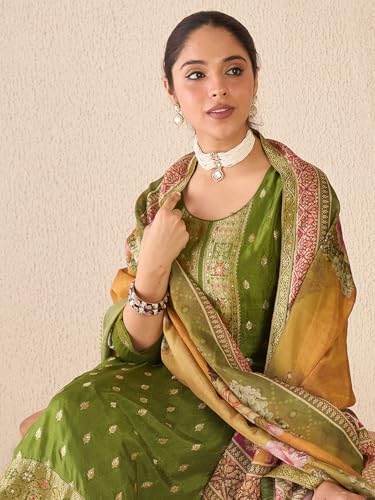 Image of INDO ERA Women's Straight Silk Blend Ethnic Motifs Printed Kurta & Pant With Dupatta Set (IESTR10385)