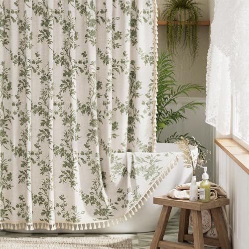 Bathway Farmhouse Floral Shower Curtain Green Linen Textured Shower Curtains Rustic with Three Sides Tassel Vintage Cottage Spring Shower Curtain with 12 Metal Hooks for Bathroom 72 W x 72 L