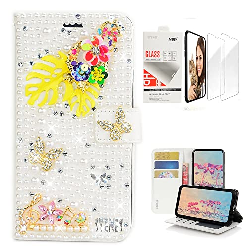 STENES Bling Wallet Phone Case Compatible with Moto G Stylus 5G 2024 - Stylish - 3D Handmade Flower Leaf Butterfly Music Glitter Magnetic Leather Cover with Screen Protector [2 Pack] - White