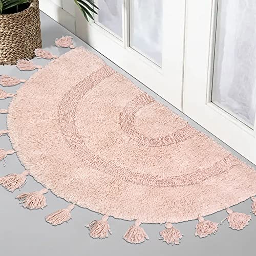Half Circle Boho Bathroom Rug With Tassels 100% Cotton Hand-Woven Bath Mat Non Slip Absorbent Bath Rugs With Rug Pad Washable Boho Bath Mat Carpet For Tub, Shower 20"X32",Pink #TOP6