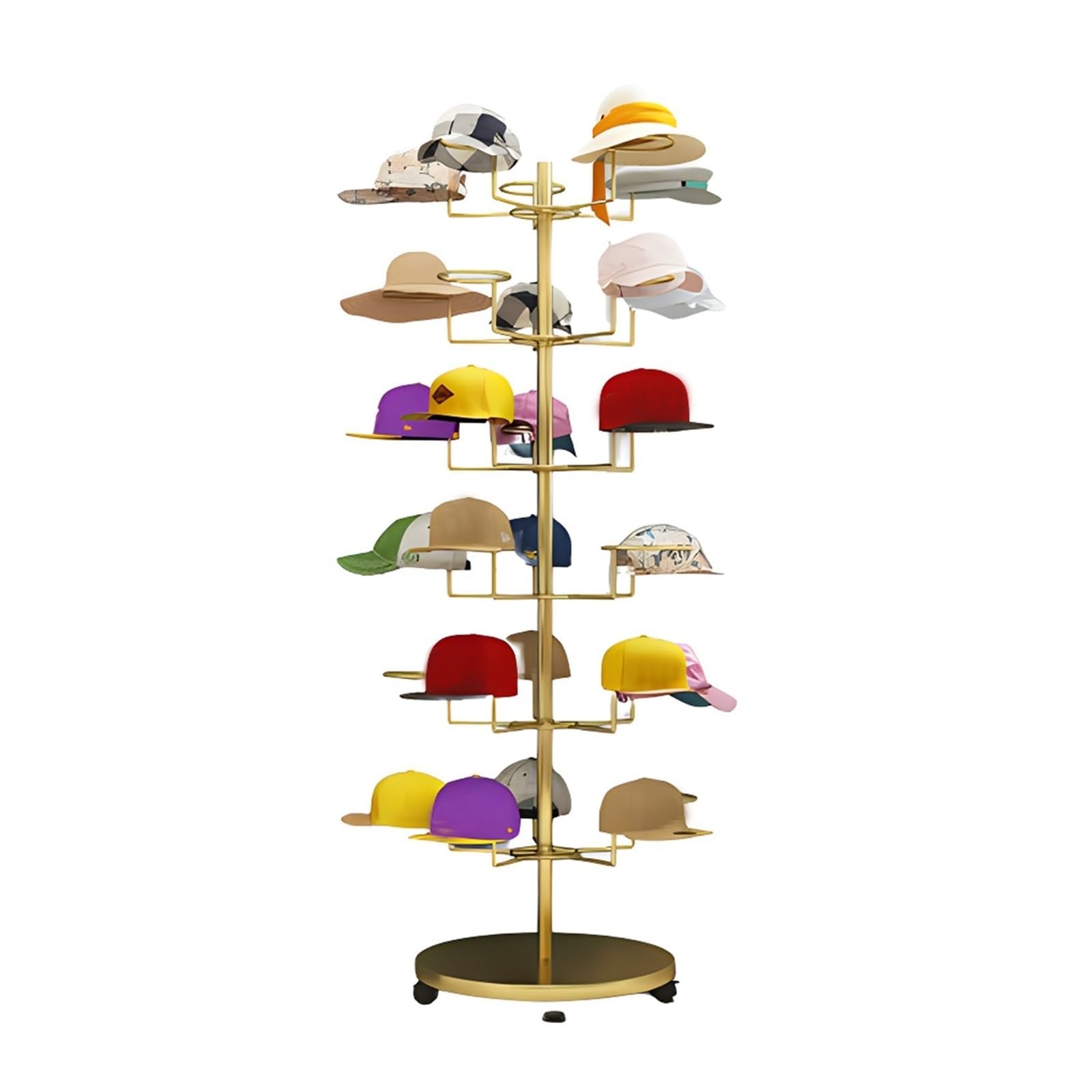 Expositor de Sombreros, Estante de Almacenamiento de Sombreros de 4, 5, 6 y 7 Niveles, Torre de exhibición de Gorras de Metal Independiente con Ruedas giratoria,Gold-6