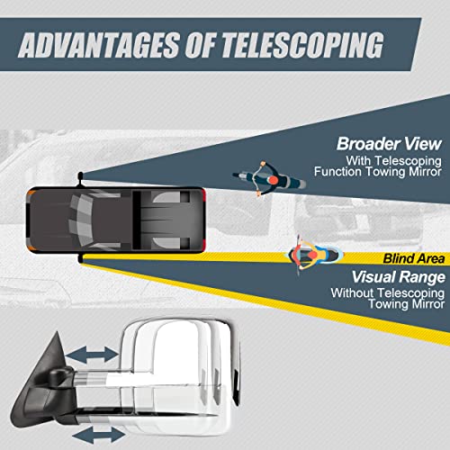 Rear View Side Towing Mirrors - Manual Telescoping | Manual Folding | Power Adjust - Compatible With Ford F-150 (Standard / Extended Cab) F-250 1997-2004, Driver And Passenger Side, Chrome #TOP4