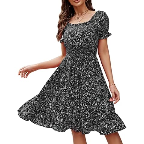 MISSKY Women's Square Neck Puff Short Sleeve Smocked High Waist Boho Midi Dress Summer Off Shoulder Ruffle Hem Dress, Black, X-Large Cover