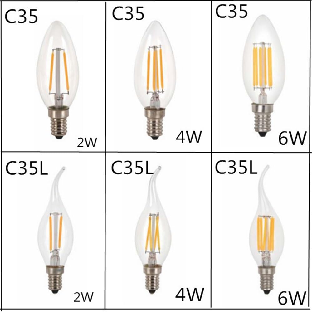 YSJX Lighting, Confezione da 10, Lampadina a Filamento LED AC220V C35 E14/E12 4W/6W Lampada a Candela Dimmerabile Lampada da 360 Gradi(Warm White C35,E14 220V 6W)