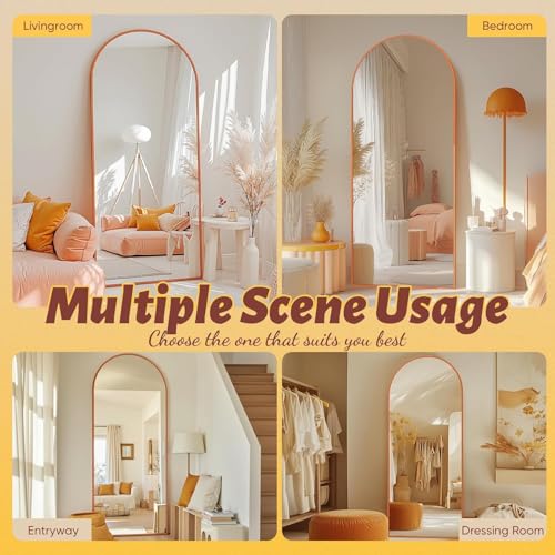 Full Length Mirror, 58"x18" Floor Mirror, Arch Floor Standing Mirrors Freestanding Arch Full Body Mirrors with Stand for Bedroom, Hanging Mounted for Living Room Cloakroom, Orange