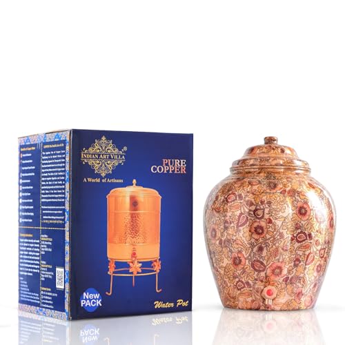 Image of Indian Art Villa Printed Flower Design Copper Water Dispenser Pot Matka, Storage, Home Kitchen Garden, 13 LTR