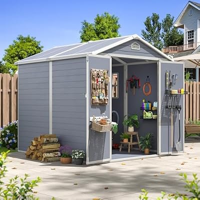 Aoxun 6x8 FT Outdoor Storage Shed, Garden Resin Shed with Floor and Window for Patio, Lawn, Plastic Outdoor Storage with Lockable Door for Bike, Tools, Garbage Can, Grey