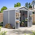 Aoxun 6x8 FT Outdoor Storage Shed, Plastic Garden Resin Shed with Floor and Window for Patio, Lawn, Outdoor Storage with Lockable Door for Bike, Garbage Can, Tools, Grey