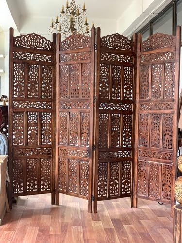 Image of Home & Goods International Wooden Room Divider Partition - Foldable Wood Screen Separator for Living Room, Bedroom, Office, Restaurant || Kangra Badrun - 4 Panel, Brown