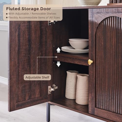 Modern Buffet Cabinet with Storage, 61.75" W Fluted Arched Sideboard Cabinet w/Adjustable Shelves, Wooden Modular Coffee Bar for Dining Room, Kitchen, Living Room, Entryway, Brown - Image 4