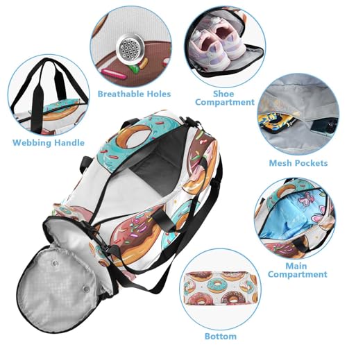 YETTASBIN Sport Travel Duffel Bag for Girls Boys, Donut Large Waterproof Weekender Overnight Bag, Detachable Shoulder Strap Gym Bag with Shoe Compartment & Wet Pocket4