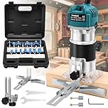 SINGTIP Palm Router Tool, Woodworking Hand Wood Router 800W 30000RPM with Trimmer Base, Handheld Power Wood Compact Trim Router with 15pcs 6.35mm Router Bit Set for DIY, Woodworking, Slotting