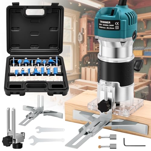 SINGTIP Palm Router Tool, Woodworking Hand Wood Router 800W 30000RPM with Trimmer Base, Handheld Power Wood Compact Trim Router with 15pcs 6.35mm Router Bit Set for DIY, Woodworking, Slotting