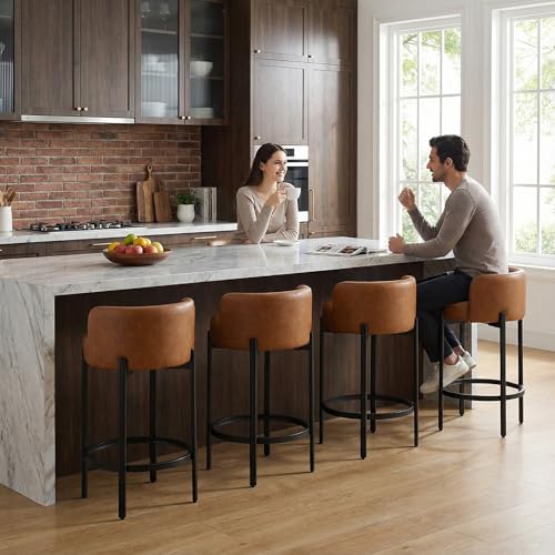 Image of LukeAlon Modern PU Leather Counter Height Stools Set of 4, Upholstered 26 inch Seat Height Barstools with Black Metal Legs Round Low Back Kitchen Stools with Footrest for Dining Room Small Places, Brown