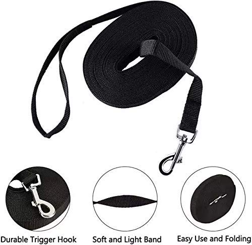 Image of Nylon Dog Training Lead Dog Leash Long Leash 15 Ft Long Leash for Dogs (1 inch Inch Width 2MM Thick) (Black, 15 FT)