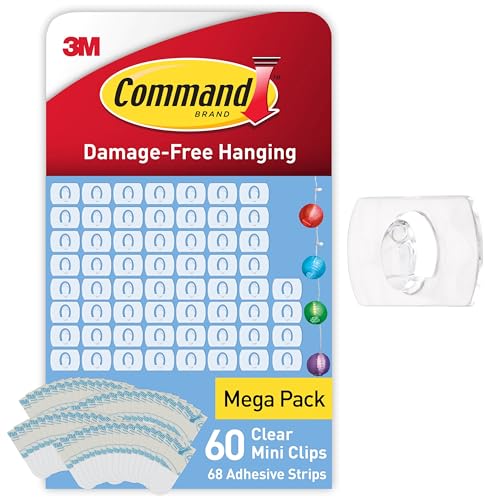 Command Clear Decorating Clips, Value Pack of 60 Transparent Clips and 68 Small Adhesive Strips - Little Hooks for Decorations and Fairy Lights - Damage Free Hanging - Packaging May Vary