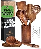 Utensilios de Cocina Madera [8 pzas] con Reposa Cucharas, Bote de y Ganchos para Colgar. 100% Natural Cucharas Madera. Espátulas y Cucharones de Cocina para Sartenes Antiadherentes.