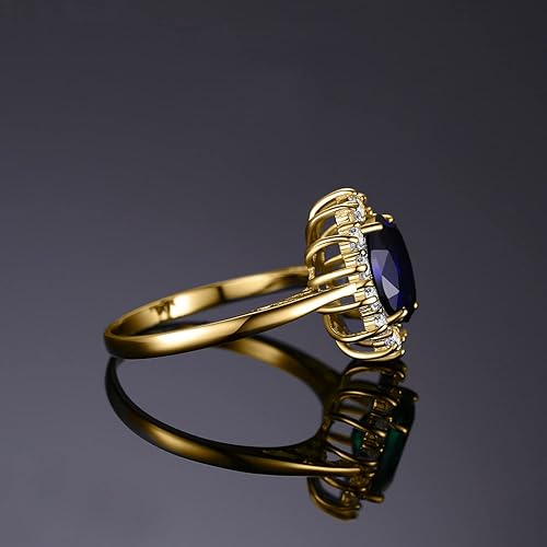Miniatura 4 de JewelryPalace Anillos de compromiso y aniversario estilo princesa Diana, Kate Middleton, piedra natal de zafiro y halo, 14 quilates, chapado en oro