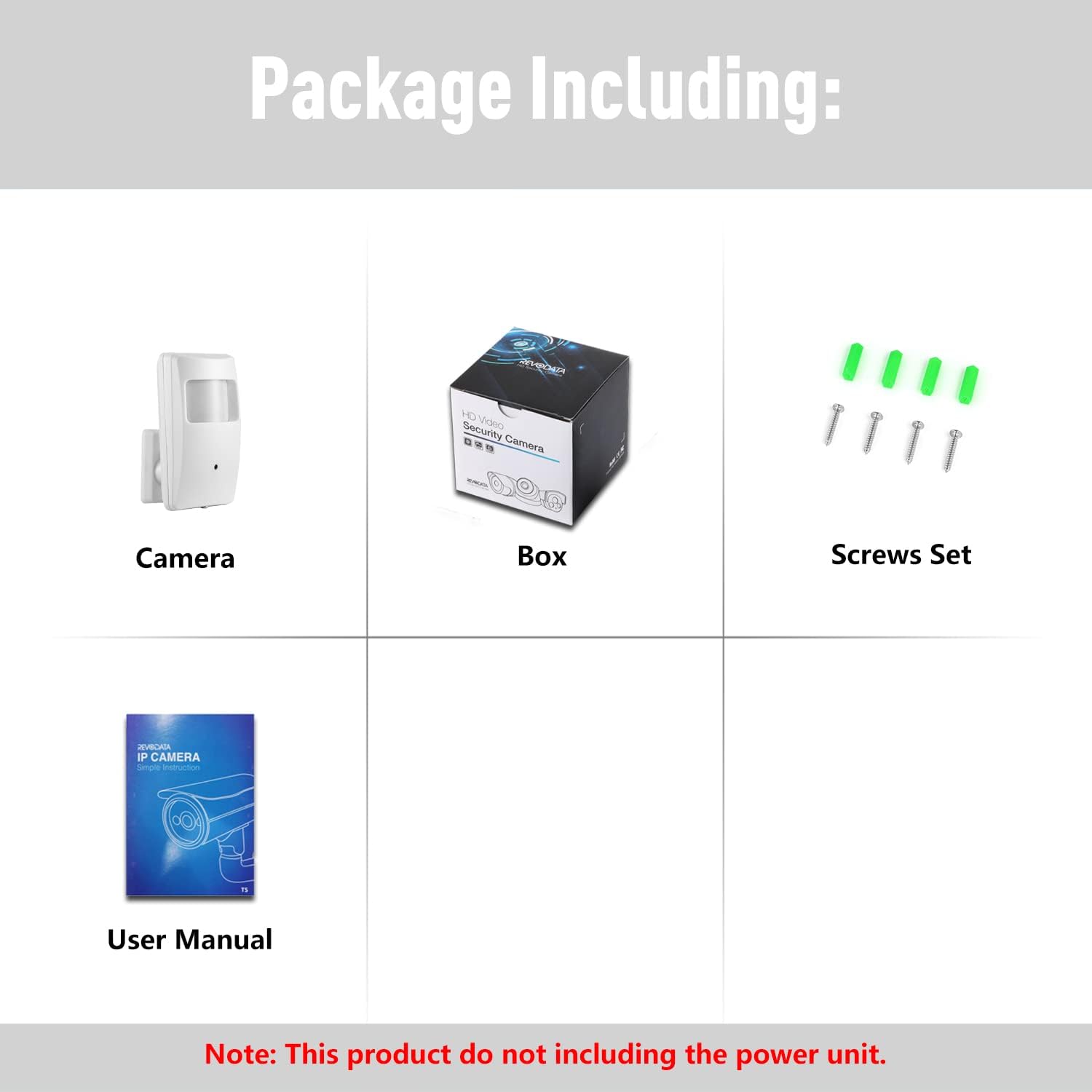 Package contents of REVODATA IP Camera including camera, box, screws, and user manual.